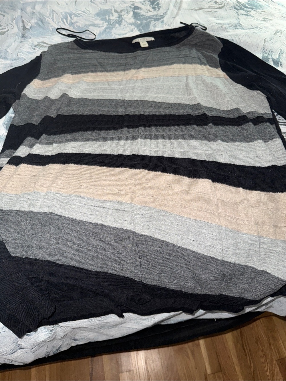 Dana Buchman Women's Striped Crewneck Sweater - Black, Gray & Cream